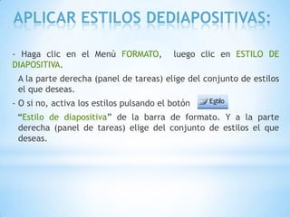 ABRIR UNA PRESENTACIÓN:Para abrir una presentación podemos elegir entre:- Ir al menú Archivoy seleccionar la opción Abrir.- Haz clic en el botón Abrir    de la barra de herramientas.- En la lista desplegable del cuadro Buscar en seleccionamos la unidad en la cual se encuentra la presentación que queremos abrir, a continuación seleccionamos la carpeta que contiene la presentación. Una vez hayamos seleccionado la presentación pulsamos en el botón Abrir.