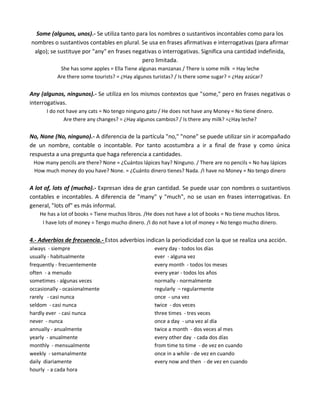 Some (algunos, unos).- Se utiliza tanto para los nombres o sustantivos incontables como para los
nombres o sustantivos contables en plural. Se usa en frases afirmativas e interrogativas (para afirmar
algo); se sustituye por "any" en frases negativas o interrogativas. Significa una cantidad indefinida,
pero limitada.
She has some apples = Ella Tiene algunas manzanas / There is some milk = Hay leche
Are there some tourists? = ¿Hay algunos turistas? / Is there some sugar? = ¿Hay azúcar?
Any (algunos, ningunos).- Se utiliza en los mismos contextos que "some," pero en frases negativas o
interrogativas.
I do not have any cats = No tengo ninguno gato / He does not have any Money = No tiene dinero.
Are there any changes? = ¿Hay algunos cambios? / Is there any milk? =¿Hay leche?
No, None (No, ninguno).- A diferencia de la partícula "no," "none" se puede utilizar sin ir acompañado
de un nombre, contable o incontable. Por tanto acostumbra a ir a final de frase y como única
respuesta a una pregunta que haga referencia a cantidades.
How many pencils are there? None = ¿Cuántos lápices hay? Ninguno. / There are no pencils = No hay lápices
How much money do you have? None. = ¿Cuánto dinero tienes? Nada. /I have no Money = No tengo dinero
A lot of, lots of (mucho).- Expresan idea de gran cantidad. Se puede usar con nombres o sustantivos
contables e incontables. A diferencia de "many" y "much", no se usan en frases interrogativas. En
general, "lots of" es más informal.
He has a lot of books = Tiene muchos libros. /He does not have a lot of books = No tiene muchos libros.
I have lots of money = Tengo mucho dinero. /I do not have a lot of money = No tengo mucho dinero.
4.- Adverbios de frecuencia.- Estos adverbios indican la periodicidad con la que se realiza una acción.
always - siempre
usually - habitualmente
frequently - frecuentemente
often - a menudo
sometimes - algunas veces
occasionally - ocasionalmente
rarely - casi nunca
seldom - casi nunca
hardly ever - casi nunca
never - nunca
annually - anualmente
yearly - anualmente
monthly - mensualmente
weekly - semanalmente
daily diariamente
hourly - a cada hora
every day - todos los días
ever - alguna vez
every month - todos los meses
every year - todos los años
normally - normalmente
regularly – regularmente
once - una vez
twice - dos veces
three times - tres veces
once a day - una vez al día
twice a month - dos veces al mes
every other day - cada dos días
from time to time - de vez en cuando
once in a while - de vez en cuando
every now and then - de vez en cuando
 