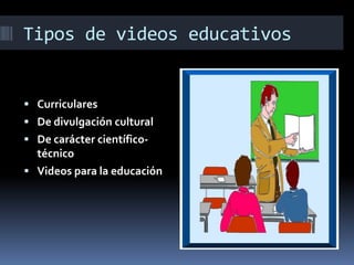 Tipos de videos educativos


 Curriculares
 De divulgación cultural
 De carácter científico-
  técnico
 Videos para la educación
 