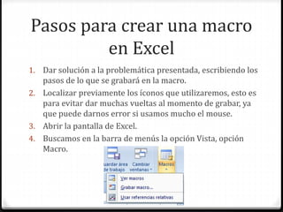Pasos para crear una macro
en Excel
1. Dar solución a la problemática presentada, escribiendo los
pasos de lo que se grabará en la macro.
2. Localizar previamente los íconos que utilizaremos, esto es
para evitar dar muchas vueltas al momento de grabar, ya
que puede darnos error si usamos mucho el mouse.
3. Abrir la pantalla de Excel.
4. Buscamos en la barra de menús la opción Vista, opción
Macro.