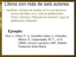 Libros con más de seis autores 
•Apellidos, iniciales de nombre de los seis primeros autores del libro, et al. (Año de publicación). Título: Subtítulo. (Mención de edición). Lugar de publicación: Editorial. 
Ejemplo: 
Elzo, J., Orizo, F. A., González-Anleo, J., González Blasco, P., Largaespada, M. T., et al. (2004). Jóvenes españoles 2003. Madrid: Fundación Santa María.  