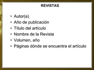 REVISTAS 
•Autor(a) 
•Año de publicación 
•Título del artículo 
•Nombre de la Revista 
•Volumen, año 
•Páginas dónde se encuentra el artículo 
 