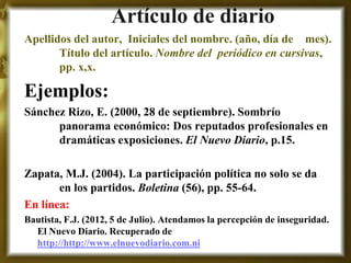 Artículo de diario 
Apellidos del autor, Iniciales del nombre. (año, día de mes). Título del artículo. Nombre del periódico en cursivas, pp. x,x. 
Ejemplos: 
Sánchez Rizo, E. (2000, 28 de septiembre). Sombrío panorama económico: Dos reputados profesionales en dramáticas exposiciones. El Nuevo Diario, p.15. 
Zapata, M.J. (2004). La participación política no solo se da en los partidos. Boletina (56), pp. 55-64. 
En línea: 
Bautista, F.J. (2012, 5 de Julio). Atendamos la percepción de inseguridad. El Nuevo Diario. Recuperado de http://http://www.elnuevodiario.com.ni 
 