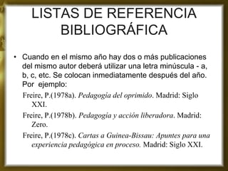 LISTAS DE REFERENCIA BIBLIOGRÁFICA 
•Cuando en el mismo año hay dos o más publicaciones del mismo autor deberá utilizar una letra minúscula - a, b, c, etc. Se colocan inmediatamente después del año. Por ejemplo: 
Freire, P.(1978a). Pedagogía del oprimido. Madrid: Siglo XXI. 
Freire, P.(1978b). Pedagogía y acción liberadora. Madrid: Zero. 
Freire, P.(1978c). Cartas a Guinea-Bissau: Apuntes para una experiencia pedagógica en proceso. Madrid: Siglo XXI. 
 