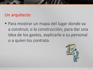 Un arquitecto
 Para mostrar un mapa del lugar donde va
  a construir, o la construcción, para dar una
  idea de los gastos, explicarle a su personal
  o a quien los contrata.
 