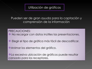 Utilización de gráficos Pueden ser de gran ayuda para la captación y comprensión de la información PRECAUCIONES: No recargar con datos inútiles las presentaciones. Elegir el tipo de gráfica más fácil de descodificar. Animar los elementos del gráfico. La excesiva ubicación de gráficos puede resultar cansado para los receptores. 