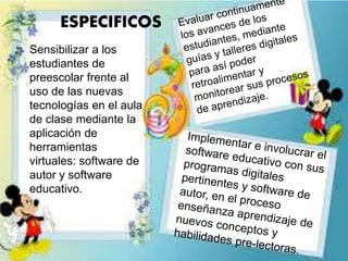 ESPECIFICOS 
Sensibilizar a los 
estudiantes de 
preescolar frente al 
uso de las nuevas 
tecnologías en el aula 
de clase mediante la 
aplicación de 
herramientas 
virtuales: software de 
autor y software 
educativo. 
 