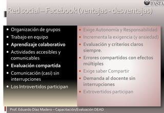 Red social –Facebook (ventajas -desventajas) 
 Organización de grupos 
 Trabajo en equipo 
 Aprendizaje colaborativo 
 Actividades accesibles y 
comunicables 
 Evaluación compartida 
 Comunicación (casi) sin 
interrupciones 
 Los Introvertidos participan 
 Exige Autonomía y Responsabilidad 
 Incrementa la exigencia (y ansiedad) 
 Evaluación y criterios claros 
siempre. 
 Errores compartidos con efectos 
múltiples 
 Exige saber Compartir 
 Demanda al docente sin 
interrupciones 
 Extrovertidos participan 
Prof. Eduardo Díaz Madero – Capacitación/Evaluación DEAD 
 