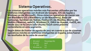 Sistema Operativos.
• Los sistemas operativos móviles más frecuentes utilizados por los
teléfonos inteligentes son Android (de Google), iOS (de Apple) y
Windows 10 (de Microsoft). Otros sistemas operativos de menor uso
son BlackBerry OS y BlackBerry 10 (de BlackBerry), Bada (de
Samsung), Symbian (de Nokia), Firefox OS (de Mozilla), MeeGo (de
Moblin y Maemo), webOS, Windows CE, EMUI de Huawei, KaiOS, etc.
Desde 2012 se ha anunciado UbuntuTouch como próximo
contendiente en este segmento.
• Según datos de Kantar de agosto de 2017 en cuanto a uso de sistemas
operativos móviles en teléfonos inteligentes en España, estos fueron
los resultados de la cuota de usuarios:
• SO móvil Porcentaje (%)
• Android 91,8
• iOS 7,5
• Windows 10 0,7
 