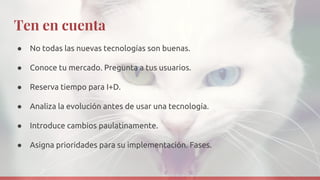 Ten en cuenta
● No todas las nuevas tecnologías son buenas.
● Conoce tu mercado. Pregunta a tus usuarios.
● Reserva tiempo para I+D.
● Analiza la evolución antes de usar una tecnología.
● Introduce cambios paulatinamente.
● Asigna prioridades para su implementación. Fases.
 