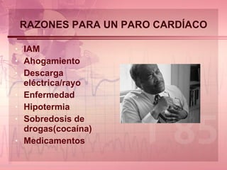 RAZONES PARA UN PARO CARDÍACO IAM Ahogamiento Descarga eléctrica/rayo Enfermedad Hipotermia Sobredosis de drogas(cocaína) Medicamentos 