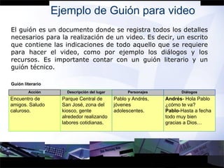 Ejemplo de Guión para video Guión literario El guión es un documento donde se registra todos los detalles necesarios para la realización de un video. Es decir, un escrito que contiene las indicaciones de todo aquello que se requiere para hacer el video, como por ejemplo los diálogos y los recursos. Es importante contar con un guión literario y un guión técnico. Acción Descripción del lugar Personajes Diálogos Encuentro de amigos. Saludo caluroso. Parque Central de San José, zona del kiosco, gente alrededor realizando labores cotidianas. Pablo y Andrés, jóvenes adolescentes. Andrés - Hola Pablo ¿cómo te va? Pablo -Hasta a fecha todo muy bien gracias a Dios… 