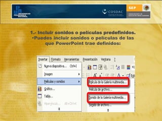 selecciona el deseado: .- Transición entre diapositivas.También puedes incorporar efectos para el tránsito entre una diapositiva y otra. 