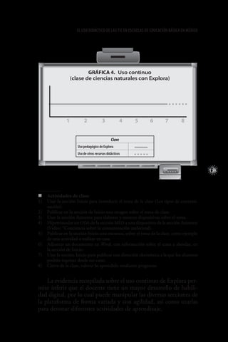 125
El uso didáctico de las TIC en escuelas de educación básica en méxico
Clave
Uso pedagógico de Explora
Uso de otros recursos didácticos
Gráfica 4.  Uso continuo
(clase de ciencias naturales con Explora)
1 2 3 4 5 6 7 8
„„ Actividades de clase
1)	 Usar la sección Inicio para introducir el tema de la clase (Los tipos de contami-
nación).
2)	 Publicar en la sección de Inicio una imagen sobre el tema de clase.
3)	 Usar la sección Asistente para elaborar y mostrar diapositivas sobre el tema.
4)	 Hipervincular un ODA de la sección MED a una diapositiva de la sección Asistente
(Video: “Conciencia sobre la contaminación ambiental).
5)	 Publicar en la sección Inicio una encuesta, sobre el tema de la clase, como ejemplo
de una actividad a realizar en casa.
6)	 Adjuntar un documento en Word, con información sobre el tema a abordar, en
la sección de Inicio.
7)	 Usar la sección Inicio para publicar una dirección electrónica a la que los alumnos
podrán ingresar desde sus casas.
8)	 Cierre de la clase, valorar lo aprendido mediante preguntas.
La evidencia recopilada sobre el uso continuo de Explora per-
mite inferir que el docente tiene un mayor desarrollo de habili-
dad digital, por lo cual puede manipular las diversas secciones de
la plataforma de forma variada y con agilidad, así como usarlas
para detonar diferentes actividades de aprendizaje.
 