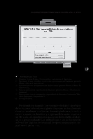 127
El uso didáctico de las TIC en escuelas de educación básica en méxico
Clave
Uso pedagógico de Explora
Uso de otros recursos didácticos
Gráfica 5.  Uso eventual (clase de matemáticas
con EM)
1 2 3 4 5 6
„„ 	Actividades de clase
1)	 Presentar el tema de clase. Comparación y equivalencia de fracciones.
2)	 Introducir el tema y resolver ejercicios de representación de fracciones (pizarrón
blanco y libreta de matemáticas).
3)	 Resolver ejercicios de representación de fracciones (pizarrón blanco y libreta de
matemáticas).
4)	 Resolver ejercicios de equivalencia de fracciones (pizarrón blanco y libreta de ma-
temáticas).
5)	 Resolver ejercicios de comparación y equivalencia de fracciones (Interactivo “Des-
cartes Fracciones: Comparación”).
6)	 Encargo de tarea.
Para cerrar este apartado, conviene recordar que el tipo de uso
de los recursos informáticos digitales dispuestos en los salones de
clases está en directa relación con la estrategia docente, la cual, a
su vez, se asocia con la actitud y la opinión del maestro respecto a
las TIC y a su uso didáctico; si su postura es desfavorable a incluir-
las en el proceso educativo, es probable que el uso de los recursos
informáticos digitales será eventual, independientemente del dis-
positivo del que se trate.
 