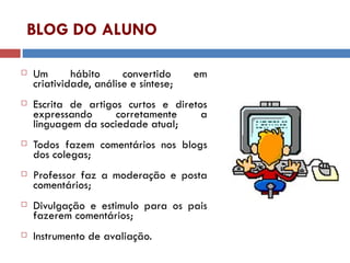 BLOG DO ALUNO Um hábito convertido em criatividade, análise e síntese; Escrita de artigos curtos e diretos expressando corretamente a linguagem da sociedade atual; Todos fazem comentários nos blogs dos colegas; Professor faz a moderação e posta comentários; Divulgação e estimulo para os pais fazerem comentários; Instrumento de avaliação. 