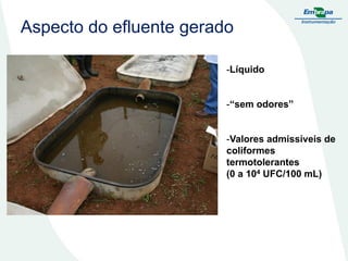 Aspecto do efluente gerado
-Líquido
-“sem odores”

-Valores admissíveis de
coliformes
termotolerantes
(0 a 104 UFC/100 mL)

 
