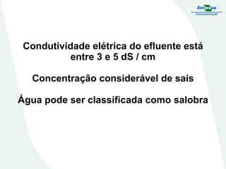 Condutividade elétrica do efluente está
entre 3 e 5 dS / cm
Concentração considerável de sais
Água pode ser classificada como salobra

 
