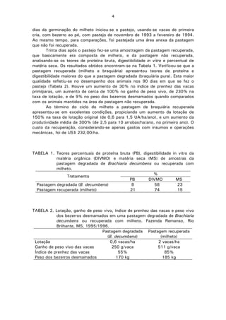 4
dias da germinação do milheto iniciou-se o pastejo, usando-se vacas de primeira
cria, com bezerro ao pé, com pastejo de novembro de 1993 a fevereiro de 1994.
Ao mesmo tempo, para comparações, foi pastejada uma área anexa da pastagem
que não foi recuperada.
Trinta dias após o pastejo fez-se uma amostragem da pastagem recuperada,
que basicamente era composta de milheto, e da pastagem não recuperada,
analisando-se os teores de proteína bruta, digestibilidade in vitro e percentual de
matéria seca. Os resultados obtidos encontram-se na Tabela 1. Verificou-se que a
pastagem recuperada (milheto e braquiária) apresentou teores de proteína e
digestibilidade maiores do que a pastagem degradada (braquiária pura). Esta maior
qualidade refletiu-se no desempenho dos animais nos 90 dias em que se fez o
pastejo (Tabela 2). Houve um aumento de 30% no índice de prenhez das vacas
primíparas, um aumento de cerca de 100% no ganho de peso vivo, de 230% na
taxa de lotação, e de 9% no peso dos bezerros desmamados quando comparados
com os animais mantidos na área de pastagem não recuperada.
Ao término do ciclo do milheto a pastagem de braquiária recuperada
apresentou-se em excelentes condições, propiciando um aumento da lotação de
150% na taxa de lotação original (de 0,6 para 1,5 UA/ha/ano), e um aumento da
produtividade média de 300% (de 2,5 para 10 arrobas/ha/ano, no primeiro ano). O
custo da recuperação, considerando-se apenas gastos com insumos e operações
mecânicas, foi de US$ 232,00/ha.
TABELA 1. Teores percentuais de proteína bruta (PB), digestibilidade in vitro da
matéria orgânica (DIVMO) e matéria seca (MS) de amostras da
pastagem degradada de Brachiaria decumbens ou recuperada com
milheto.
%
Tratamento
PB DIVMO MS
Pastagem degradada (B. decumbens) 8 58 23
Pastagem recuperada (milheto) 21 74 15
TABELA 2. Lotação, ganho de peso vivo, índice de prenhez das vacas e peso vivo
dos bezerros desmamados em uma pastagem degradada de Brachiaria
decumbens ou recuperada com milheto. Fazenda Remanso, Rio
Brilhante, MS. 1995/1996.
Pastagem degradada
(B. decumbens)
Pastagem recuperada
(milheto)
Lotação 0,6 vacas/ha 2 vacas/ha
Ganho de peso vivo das vacas 250 g/vaca 511 g/vaca
Índice de prenhez das vacas 55% 85%
Peso dos bezerros desmamados 170 kg 185 kg
 