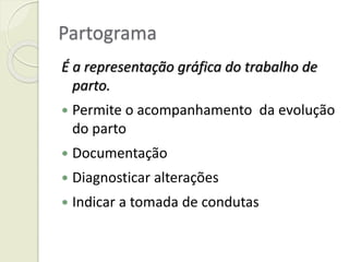 Partograma
É a representação gráfica do trabalho de
parto.
 Permite o acompanhamento da evolução
do parto
 Documentação
 Diagnosticar alterações
 Indicar a tomada de condutas
 
