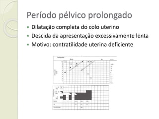 Período pélvico prolongado
 Dilatação completa do colo uterino
 Descida da apresentação excessivamente lenta
 Motivo: contratilidade uterina deficiente
 