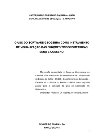UNIVERSIDADE DO ESTADO DA BAHIA – UNEB
        DEPARTAMENTO DE EDUCAÇÃO - CAMPUS VII




O USO DO SOFTWARE GEOGEBRA COMO INSTRUMENTO
DE VISUALIZAÇÃO DAS FUNÇÕES TRIGONOMÉTRICAS
                 SENO E COSSENO.




                 Monografia apresentada no Curso de Licenciatura em
             Ciências com Habilitação em Matemática da Universidade
             do Estado da Bahia – UNEB – Departamento de Educação –
             Campus VII – Senhor do Bonfim – Bahia, como requisito
             parcial para a obtenção do grau de Licenciado em
             Matemática.
                 Orientador: Professor Dr. Ricardo José Rocha Amorim




                SENHOR DO BONFIM – BA
                     MARÇO DE 2011
                                                                       1
 