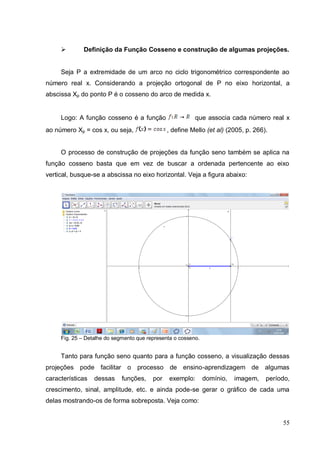         Definição da Função Cosseno e construção de algumas projeções.


     Seja P a extremidade de um arco no ciclo trigonométrico correspondente ao
número real x. Considerando a projeção ortogonal de P no eixo horizontal, a
abscissa Xp do ponto P é o cosseno do arco de medida x.


     Logo: A função cosseno é a função                    que associa cada número real x
ao número Xp = cos x, ou seja,                 , define Mello (et al) (2005, p. 266).


     O processo de construção de projeções da função seno também se aplica na
função cosseno basta que em vez de buscar a ordenada pertencente ao eixo
vertical, busque-se a abscissa no eixo horizontal. Veja a figura abaixo:




     Fig. 25 – Detalhe do segmento que representa o cosseno.


     Tanto para função seno quanto para a função cosseno, a visualização dessas
projeções pode facilitar o processo de ensino-aprendizagem de algumas
características   dessas     funções,    por   exemplo:        domínio,   imagem,   período,
crescimento, sinal, amplitude, etc. e ainda pode-se gerar o gráfico de cada uma
delas mostrando-os de forma sobreposta. Veja como:


                                                                                         55
 