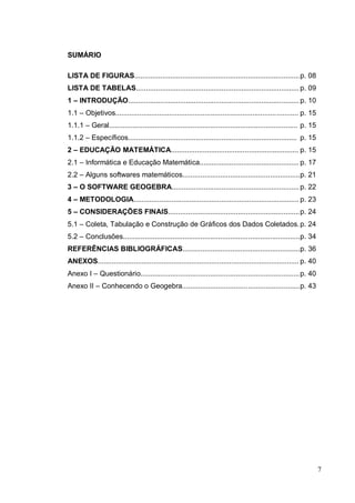 SUMÁRIO

LISTA DE FIGURAS................................................................................... p. 08
LISTA DE TABELAS.................................................................................. p. 09
1 – INTRODUÇÃO...................................................................................... p. 10
1.1 – Objetivos............................................................................................ p. 15
1.1.1 – Geral............................................................................................... p. 15
1.1.2 – Específicos..................................................................................... p. 15
2 – EDUCAÇÃO MATEMÁTICA................................................................ p. 15
2.1 – Informática e Educação Matemática.................................................. p. 17
2.2 – Alguns softwares matemáticos........................................................... p. 21
3 – O SOFTWARE GEOGEBRA................................................................ p. 22
4 – METODOLOGIA................................................................................... p. 23
5 – CONSIDERAÇÕES FINAIS.................................................................. p. 24
5.1 – Coleta, Tabulação e Construção de Gráficos dos Dados Coletados. p. 24
5.2 – Conclusões......................................................................................... p. 34
REFERÊNCIAS BIBLIOGRÁFICAS........................................................... p. 36
ANEXOS..................................................................................................... p. 40
Anexo I – Questionário................................................................................ p. 40
Anexo II – Conhecendo o Geogebra........................................................... p. 43




                                                                                                                     7
 