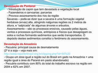 Devastação do Pantanal- Introdução de capim que tem devastado a vegetação local- Fazendeiros e carvoarias: parcerias- Provoca assoreamento dos rios da regiãoSavanas – pode-se dizer que a savana é uma formação vegetal herbácea (ervas) alta, atingindo nalgumas regiões os 2 metros de altura, e “salpicada” de algumas árvores e arbustos.Assoreamento – são os processos erosivos, causado pelas águas, ventos e processos químicos, antrópicos e físicos que desagregam os solos e rochas formando sedimentos que serão transportados. O depósito destes sedimentos constitui o fenômeno do assoreamento.Devastação da Amazônia- Pecuária: principal causa de desmatamento(2º é a soja – veja mais em: http://www.reporterbrasil.org.br/clipping.php?id=50%20- Ocupa um área igual a região sul do Brasil em gado na Amazônia + uma região igual a área do Paraná em pasto abandonado)- Pecuária contribuiu com 80% do total do trabalho escravo na região em 2004 e 62% em 2007.