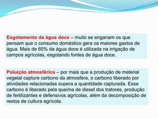 Esgotamento da água doce – muito se enganam os que pensam que o consumo doméstico gera os maiores gastos de água. Mais de 60% da água doce é utilizada na irrigação de campos agrícolas, esgotando fontes de água doce.Poluição atmosférica – por mais que a produção de material vegetal capture carbono da atmosfera, o carbono liberado por atividades relacionadas supera a quantidade capturada. Esse carbono é liberado pela queima de diesel dos tratores, produção de fertilizantes e defensivos agrícolas, além da decomposição de restos de cultura agrícola.
