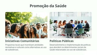 Promoção da Saúde
Iniciativas Comunitárias
Programas locais que incentivam atividades
recreativas e culturais como alternativas ao uso
de substâncias.
Políticas Públicas
Desenvolvimento e implementação de políticas
que abordem os determinantes sociais da
saúde relacionados ao uso de substâncias.
 
