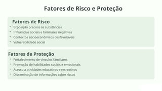 Fatores de Risco e Proteção
Fatores de Risco
• Exposição precoce às substâncias
• Influências sociais e familiares negativas
• Contextos socioeconômicos desfavoráveis
• Vulnerabilidade social
Fatores de Proteção
• Fortalecimento de vínculos familiares
• Promoção de habilidades sociais e emocionais
• Acesso a atividades educativas e recreativas
• Disseminação de informações sobre riscos
 