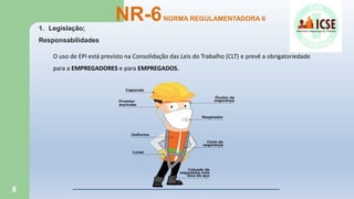8
NR-6NORMA REGULAMENTADORA 6
1. Legislação;
Responsabilidades
O uso de EPI está previsto na Consolidação das Leis do Trabalho (CLT) e prevê a obrigatoriedade
para a EMPREGADORES e para EMPREGADOS.
 