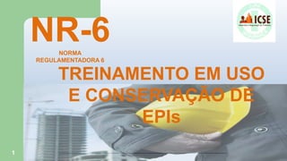 1
NR-6
NORMA
REGULAMENTADORA 6
TREINAMENTO EM USO
E CONSERVAÇÃO DE
EPIs
 