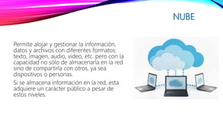 NUBE
Permite alojar y gestionar la información,
datos y archivos con diferentes formatos:
texto, imagen, audio, video, etc. pero con la
capacidad no sólo de almacenarla en la red
sino de compartirla con otros, ya sea
dispositivos o personas.
Si se almacena información en la red, esta
adquiere un carácter público a pesar de
estos niveles.
 