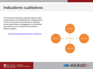 Indicadores cualitativos
El conjunto de indicadores pretende informar sobre
la perennidad y la sostenibilidad de la integración de
las TIC en la escuela y está enfocado en la gestión
escolar administrativa y pedagógica, en las prácticas
de enseñanza y en su relación con las políticas
públicas vigentes.
http://www.eduteka.org/articulos/Evaluar_IntegracionTIC
 