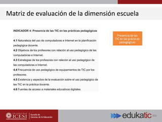Matriz de evaluación de la dimensión escuela
INDICADOR 4: Presencia de las TIC en las prácticas pedagógicas
4.1 Naturaleza del uso de computadoras e Internet en la planificación
pedagógica docente.
4.2 Objetivos de los profesores con relación al uso pedagógico de las
computadoras e Internet.
4.3 Estrategias de los profesores con relación al uso pedagógico de
las computadoras e Internet.
4.4 Frecuencia de uso pedagógico de equipamientos de TIC por los
profesores.
4.5 Existencia y aspectos de la evaluación sobre el uso pedagógico de
las TIC en la práctica docente.
4.6 Fuentes de acceso a materiales educativos digitales.
 