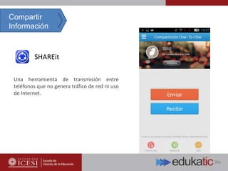 SHAREit
Compartir
Información
Una herramienta de transmisión entre
teléfonos que no genera tráfico de red ni uso
de Internet.
 