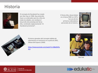 Primeros ejemplos del concepto tableta de
información se mostraron en la película 2001,
Odisea del Espacio (1969)
https://www.youtube.com/watch?v=JQ8pQVDy
aLo
El concepto de Dynabook fue creado
por Alan Kay en 1968. Kay pretendía
hacer un ordenador para los niños de
todas las edades; eso condujo al
desarrollo del prototipo del Xerox
Alto, nombrado originariamente "el
Dynabook provisional".
El Xerox Alto, desarrollado
en el Xerox PARC en 1973,
fue uno de los
primeros ordenadores
personales de la historia.
Star trek
Historia
 
