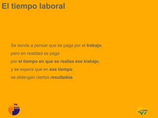 El tiempo laboral



  Se tiende a pensar que se paga por el trabajo,
  pero en realidad se paga
  por el tiempo en que se realiza ese trabajo,
  y se espera que en ese tiempo
  se obtengan ciertos resultados
 
