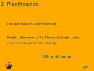 2 Planificación


  Por cada hora en la planificación



  Pueden ahorrarse de 3 a 4 horas en la ejecución
  y se hace mas placentero el trabajo



                         “Afilar el hacha”
 