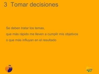 3 Tomar decisiones


Se deben tratar los temas,
que más rápido me lleven a cumplir mis objetivos
o que más influyan en el resultado
 