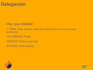 Delegación



  Hay que detallar:
  TEMA: Que, porque, para que (Permite que se tomen propias
  decisiones)
  •AUTORIDAD: Poder
  •MEDIOS: Cómo y con qué
  •PLAZOS: Para cuando
 