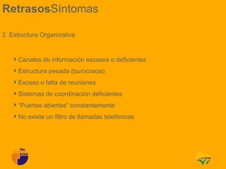 RetrasosSíntomas

2 Estructura Organizativa


   Canales de información escasos o deficientes
   Estructura pesada (burocracia)
   Exceso o falta de reuniones
   Sistemas de coordinación deficientes
   “Puertas abiertas” constantemente
   No existe un filtro de llamadas telefónicas
 