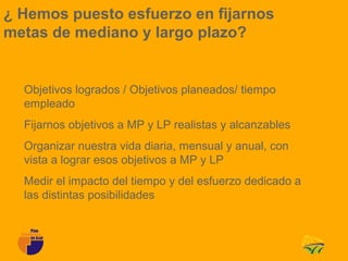 ¿ Hemos puesto esfuerzo en fijarnos
metas de mediano y largo plazo?


  Objetivos logrados / Objetivos planeados/ tiempo
  empleado
  Fijarnos objetivos a MP y LP realistas y alcanzables
  Organizar nuestra vida diaria, mensual y anual, con
  vista a lograr esos objetivos a MP y LP
  Medir el impacto del tiempo y del esfuerzo dedicado a
  las distintas posibilidades
 