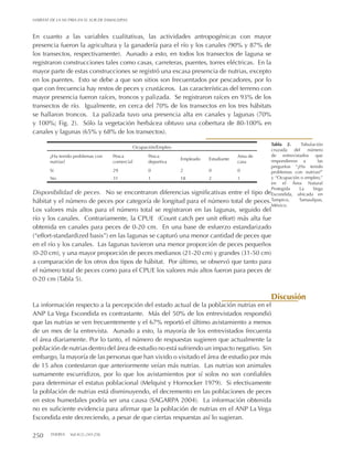 250 THERYA Vol.4(2):243-256
HÁBITAT DE LA NUTRIA EN EL SUR DE TAMAULIPAS
En cuanto a las variables cualitativas, las actividades antropogénicas con mayor
presencia fueron la agricultura y la ganadería para el río y los canales (90% y 87% de
los transectos, respectivamente). Aunado a esto, en todos los transectos de laguna se
registraron construcciones tales como casas, carreteras, puentes, torres eléctricas. En la
mayor parte de estas construcciones se registró una escasa presencia de nutrias, excepto
en los puentes. Esto se debe a que son sitios son frecuentados por pescadores, por lo
que con frecuencia hay restos de peces y crustáceos. Las características del terreno con
mayor presencia fueron raíces, troncos y palizada. Se registraron raíces en 93% de los
transectos de río. Igualmente, en cerca del 70% de los transectos en los tres hábitats
se hallaron troncos. La palizada tuvo una presencia alta en canales y lagunas (70%
y 100%; Fig. 2). Sólo la vegetación herbácea obtuvo una cobertura de 80-100% en
canales y lagunas (65% y 68% de los transectos).
Disponibilidad de peces. No se encontraron diferencias significativas entre el tipo de
hábitat y el número de peces por categoría de longitud para el número total de peces.
Los valores más altos para el número total se registraron en las lagunas, seguido del
río y los canales. Contrariamente, la CPUE (Count catch per unit effort) más alta fue
obtenida en canales para peces de 0-20 cm. En una base de esfuerzo estandarizado
(“effort-standardized basis”) en las lagunas se capturó una menor cantidad de peces que
en el río y los canales. Las lagunas tuvieron una menor proporción de peces pequeños
(0-20 cm), y una mayor proporción de peces medianos (21-20 cm) y grandes (31-50 cm)
a comparación de los otros dos tipos de hábitat. Por último, se observó que tanto para
el número total de peces como para el CPUE los valores más altos fueron para peces de
0-20 cm (Tabla 5).
La información respecto a la percepción del estado actual de la población nutrias en el
ANP La Vega Escondida es contrastante. Más del 50% de los entrevistados respondió
que las nutrias se ven frecuentemente y el 67% reportó el último avistamiento a menos
de un mes de la entrevista. Aunado a esto, la mayoría de los entrevistados frecuenta
el área diariamente. Por lo tanto, el número de respuestas sugieren que actualmente la
población de nutrias dentro del área de estudio no está sufriendo un impacto negativo. Sin
embargo, la mayoría de las personas que han vivido o visitado el área de estudio por más
de 15 años contestaron que anteriormente veían más nutrias. Las nutrias son animales
sumamente escurridizos, por lo que los avistamientos por sí solos no son confiables
para determinar el estatus poblacional (Melquist y Hornocker 1979). Si efectivamente
la población de nutrias está disminuyendo, el decremento en las poblaciones de peces
en estos humedales podría ser una causa (SAGARPA 2004). La información obtenida
no es suficiente evidencia para afirmar que la población de nutrias en el ANP La Vega
Escondida este decreciendo, a pesar de que ciertas respuestas así lo sugieran.
Tabla 2. Tabulación
cruzada del número
de entrevistados que
respondieron a las
preguntas “¿Ha tenido
problemas con nutrias?”
y “Ocupación o empleo,”
en el Área Natural
Protegida La Vega
Escondida, ubicada en
Tampico, Tamaulipas,
México.
Ocupación/Empleo
¿Ha tenido problemas con
nutrias?
Pesca
comercial
Pesca
deportiva
Empleado Estudiante
Ama de
casa
Si 29 0 2 0 0
No 31 1 18 2 1
Discusión
 