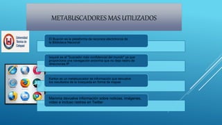 METABUSCADORES MAS UTILIZADOS
El Buscón es la plataforma de recursos electrónicos de
la Biblioteca Nacional
Ixquick es el "buscador más confidencial del mundo" ya que
proporciona una navegación anónima que no deja rastro de
direcciones IP
Kartoo es un metabuscador de información que devuelve
los resultados de la búsqueda en forma de mapas
Mamma devuelve información sobre noticias, imágenes,
video e incluso rastrea en Twitter
 