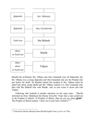 © Islamic Online University Usool al-Hadeeth 101
http://www.islamiconlineuniversity.com 11
Sahaabah Ibn ‘Abbaas
Sahaabah Abu Umaamah
Taabi‘oon Ibn Shihaab
Atbaa‘
at-Taabi‘een
Maalik
Atbaa‘
atbaa‘
at-Taabi‘een
Yahyaa
Khaalid ibn al-Waleed, Ibn ‘Abbaas and Abu Umaamah were all Sahaabah, but
Ibn ‘Abbaas was a young Sahaabee and Abu Umaamah only saw the Prophet (r)
just before his death. So Khaalid related this incident to Ibn ‘Abbaas when he
asked him about eating Dabb and Ibn ‘Abbaas related it to Abu Umaamah who
then told Ibn Shihaab who told Maalik, who in turn wrote it down and told
Yahyaa
Following that hadeeth is another narration on the same topic : “Maalik
informed me from ‘Abdullaah ibn Deenar from Ibn ‘Umar that a man called out
to the Prophet of Allaah, ‘O Prophet of Allaah, what do you say about Dabb?’
The Prophet of Allaah replied, ‘I don’t eat it and I don’t forbid it.”13
13
Collected by Maalik (Muwatta Imam Maalik (English Trans.), p.411, no.1746).
 