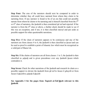 © Islamic Online University Usool al-Hadeeth 101
http://www.islamiconlineuniversity.com 12
Step Four: The eras of the narrators should next be compared in order to
determine whether they all could have narrated from whom they claim to be
narrating from. If any narrator is found to be of an era that could not possibly
narrate from whom he claims to be narrating and is himself classified from the 5th
or 6th
class of narrators, the hadeeth is then considered da‘eef and rejected. If the
narrator is from the 4th
class or above, a further check should be made to see if
this was an exception, and if not, it is then classified mursal and put aside as
possible support for other questionable narrations.
Step Five: If the chain of narrators appears to be continuous and any of the
narrators are from classes 4 to 6, the hadeeth is then classified as hasan and can
be used as proof to establish a point of Islaamic law which must be recognized as
a valid part of Sharee’ah.
Step Six: If the chains of narrators are all from classes: 1 to 3, the hadeeth is then
classified as saheeh and is given precedence over any hadeeth hasan which
contradicts it.
Step Seven: Check for other narrations of the hadeeth and research its chain as a
possible support to elevate the hadeeth from da‘eef to hasan li ghayrih or from
hasan li thaatih to saheeh li thaatih
See Appendix I for the pages from Taqreeb at-Tah’theeb relevant to this
hadeeth.
 