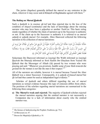 © Islamic Online University                                                                    Usool al-Hadeeth 101




    The jurists (fuqahaa ) generally defined the mursal as any omission in the
chain, wherever it may occur and al-Khateeb al-Baghdaadee agreed with them. 31


The Ruling on Mursal Hadeeth
Such a hadeeth is in essence da’eef and thus rejected due to the loss of the
condition of ittisaal (continuity) and the lack of knowledge about the missing
narrator who may have been a sahaabee or another Taabi‘ee. This basic ruling
stands regardless of whether the chain of narrators up to the Successor is authentic
or not. If the chain up to the Successor is authentic it is referred to as mursal
saheeh or saheeh mursal. For example, Aboo Daawood collected the following
narration in his collection of mursal narrations:

ِ‫ﻦ‬‫ﺰِﻳﺪٍ ﺑ‬‫ ﻳ‬‫ﻦ‬‫ﻼﹶﻥﹶ ﻋ‬‫ﻦِ ﻏﹶﻴ‬‫ﺎﻟِﻢٍ ﺑ‬‫ ﺳ‬‫ﻦ‬‫ﻳﺢٍ ﻋ‬‫ﺮ‬  ‫ ﹸ ﺑ‬‫ﻮ‬‫ﻴ‬‫ﺎ ﺣ‬‫ﻧ‬‫ﺮ‬‫ﺐٍ ﺃﹶﺧﺒ‬‫ﻫ‬‫ ﻭ‬ ‫ﺎ ﺍﺑ‬‫ﺛﹶﻨ‬ ‫ ﺣ‬‫ﺍﻭﺩ‬‫ ﺩ‬ ‫ﺎ ﹸ ﺑ‬‫ﻤ‬‫ﻠﹶﻴ‬ ‫ﺎ‬‫ﺛﹶﻨ‬ ‫ﺣ‬
                                                   ‫ﺓ ﻦﺷ‬                              ‫ﺪ ﻦ‬                   ‫ﺪ ﺳ ﻥ ﻦ‬
 ‫ﺎ‬‫ﻤ‬‫ﺪ‬‫ﺠ‬‫ﺎﻥِ ﻓﹶﻘﹶﺎﻝﹶ: )) ﺇِﺫﹶﺍ ﺳ‬‫ﺼﱢﻴ‬ ِ‫ﻦ‬‫ﻴ‬‫ﺃﹶﺗ‬‫ﺮ‬‫ﻠﹶﻰ ﺍﻣ‬‫ ﻋ‬ ‫ ﻣ‬‫ﱠﻢ‬‫ﺳ‬‫ﻪِ ﻭ‬‫ﻠﹶﻴ‬‫ ﻋ‬ ‫ﱠﻰ ﺍﻟﱠ‬‫ﻮﻝﹶ ﺍﻟﱠﻪِ ﺻ‬ ‫ﺒِﻴﺐٍ ﺃﹶ ﱠ ﺭ‬‫ﺃﹶﺑِﻲ ﺣ‬
    ‫ﺗ‬                                 ‫ﻠ‬ ‫ﺗ‬                  ‫ﻠ ﺮ‬                   ‫ﻥ ﺳ ﻠ ﻠ ﻠﻪ‬
                                      (( ِ‫ﺎﻝ‬‫ﺟ‬ ‫ ﻛﹶﺎﻟ‬‫ ﻓِﻲ ﺫﹶﻟِﻚ‬‫ﺖ‬‫ﺴ‬‫ﺃﹶﺓﹶ ﻟﹶﻴ‬‫ﺮ‬‫ﺽِ ﻓﹶﺈِ ﱠ ﺍﻟﹾﻤ‬‫ﻢِ ﺇِﻟﹶﻰ ﺍﹾﻷَﺭ‬‫ ﺍﻟﱠﺤ‬‫ﺾ‬‫ﻌ‬‫ﺎ ﺑ‬  ‫ﻓﹶ‬
                                              ‫ﺮ‬                                      ‫ﻥ‬                         ‫ﻠ‬             ‫ﻀﻤ‬
Sulaymaan ibn Daawood informed us [saying] Ibn Wahb informed us [saying]
Haywah ibn Shurayh informed us from Saalim ibn Ghaylaan from Yazeed ibn
Habeeb that the Messenger of Allaah (r) passed by two women who were
praying and said: “Whenever you prostrate, huddle some of your flesh towards the
ground for the woman is not like the man it that respect.”32
All of the narrators are reliable, however it is mursal because Yazeed ibn Abee
Habeeb was a minor Successor. Consequently, it is saheeh al-Isnaad mursal but
da‘eef and thus cannot be used as independent legal evidence.33
     Scholars of hadeeth and others differed regarding the use of mursal
narrations as textual evidence because this type of omission differs from others.
The positions of the scholars regarding mursal narrations are summarized in the
following three categories:
a) The Mursal is weak and rejected. The majority of hadeeth scholars rejected
   the mursal narration arguing that the omitted narrator is not necessarily a
   Companion due to a lack of information about exactly who the omitted
   narrator was.


31
   The Science of Authenticating the Prophets Traditions, pp. 75-6.
32
   Al-Maraaseel, no. 87.
33
   Duroos fee Mustalah al-Hadeeth, p. 18.




                              http://www.islamiconlineuniversity.com                                                           21
 